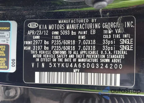 2013 Kia Sorento Ex from USA, damaged, VIN 5XYKU4A65DG324200